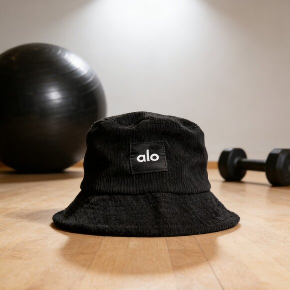ALO Yoga Accessories - Alo Jet Black Logo Corduroy Bucket Cap
